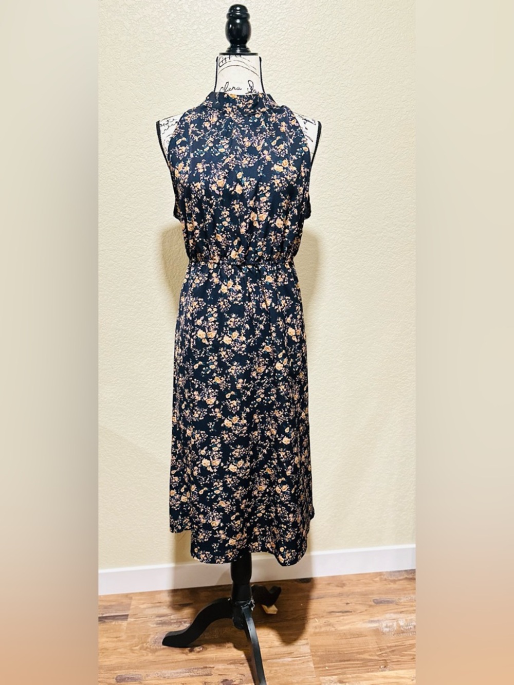 Emery Rose High Neck Sleeveless Navy Floral Midi Dress with Elastic Waist xl